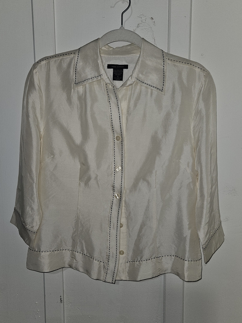 Silk-Blend Anne Carson Cream Button-Front Blouse with Contrast Stitching